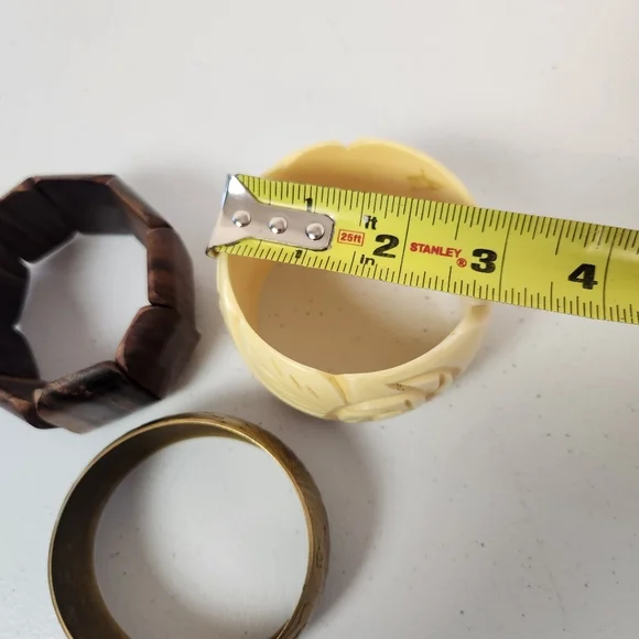 Vintage Brass Wood Bangle Bracelet Set Floral Roses Boho Bohemian Jewlery 1970s - Picture 8 of 11